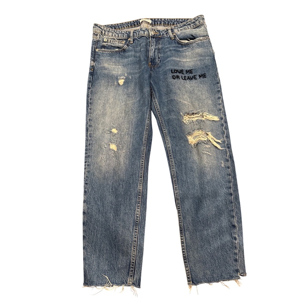 Zara Woman Premium Denim Distressed Jeans Blue Embroidered Love Me Or Leave Me 8